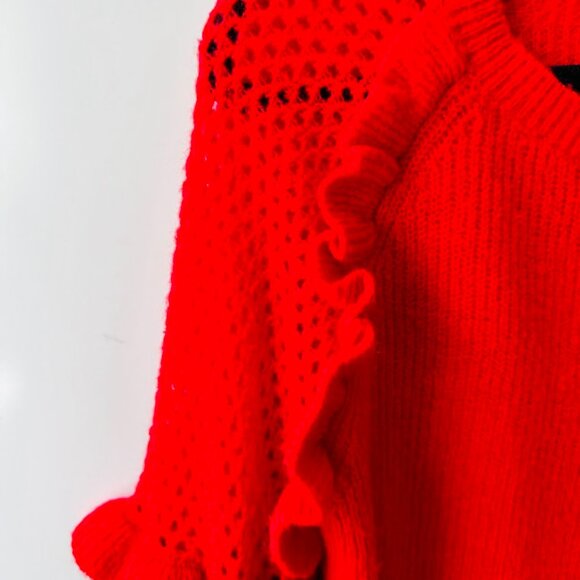 Express Women Red Knit Ruffled Eyelet Detail Ballon Sleeve Pullover Sweater Sz S - Picture 4 of 11